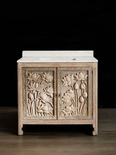 Hand-Carved Whitewashed Wooden Bathroom Vanity with Floral Design – Single Sink Cabinet (Copy)
