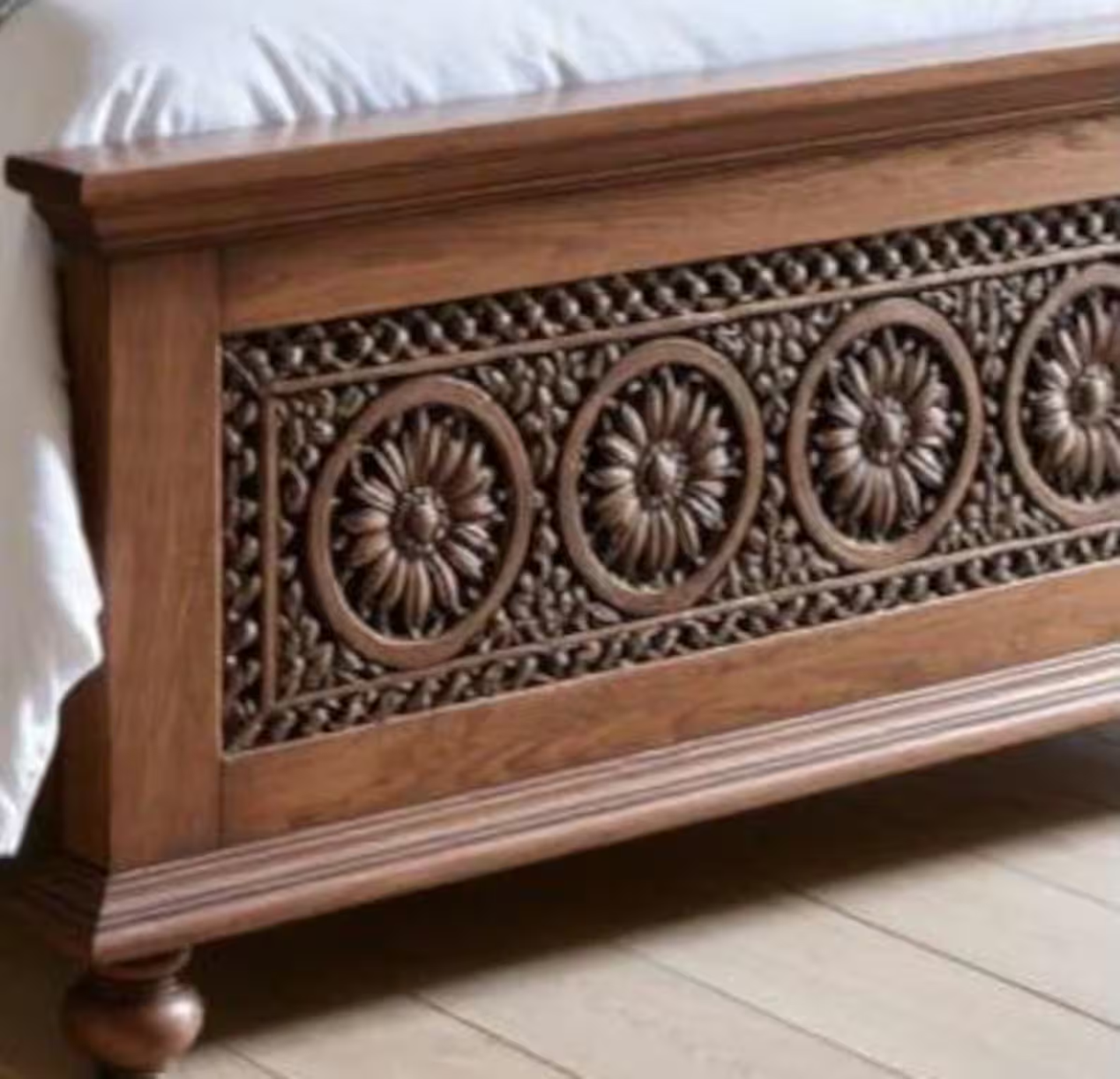 Hand Carved Wood Bed | Mughal Arch Headboard, Teak Finish
