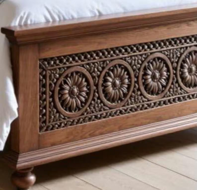 Hand Carved Wood Bed | Mughal Arch Headboard, Teak Finish