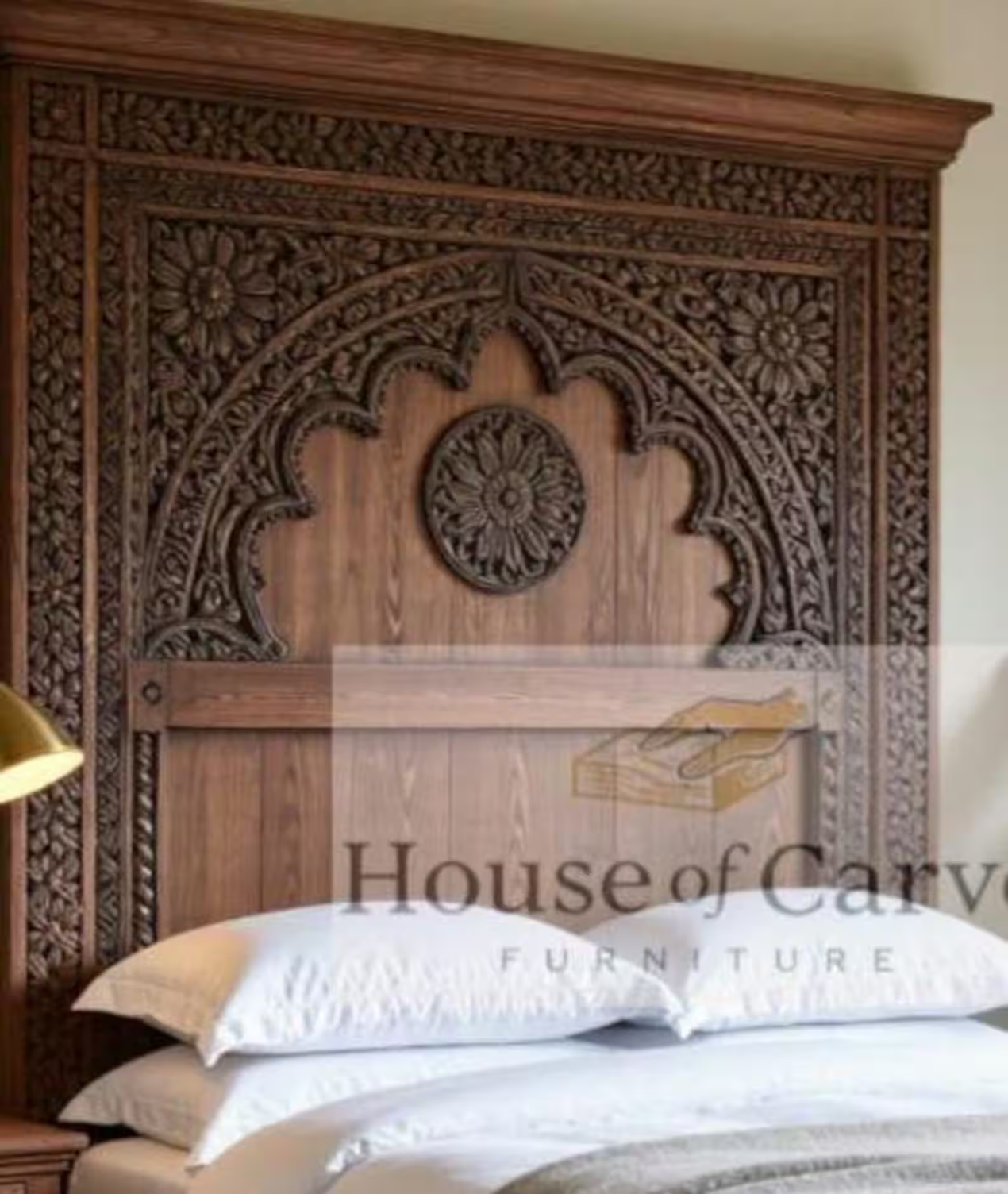 Hand Carved Wood Bed | Mughal Arch Headboard, Teak Finish
