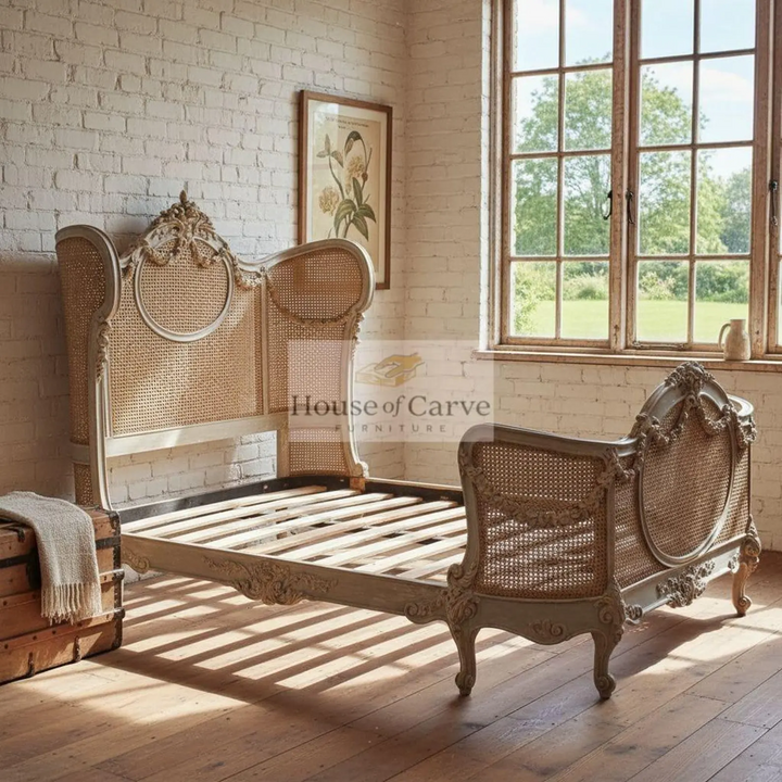 Hand Carved French Cane Bed | Vintage Rococo Solid Wood Bed Frame