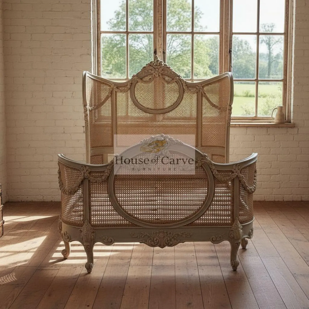 Hand Carved French Cane Bed | Vintage Rococo Solid Wood Bed Frame