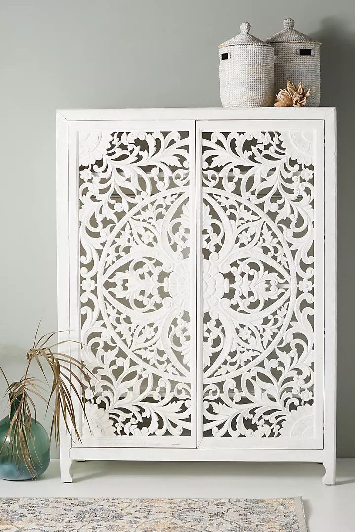 Handcarved Wooden Nightstand with Carved Geometric Pattern – Carving 2 Drawer Bedside Table