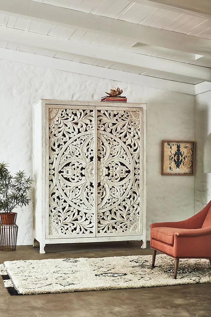 Handcarved Wooden Nightstand with Carved Geometric Pattern – Carving 2 Drawer Bedside Table