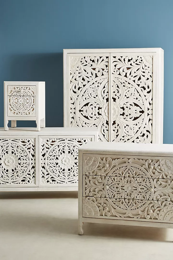Handcarved Wooden Nightstand with Carved Geometric Pattern – Carving 2 Drawer Bedside Table