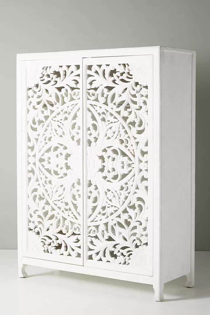 Handcarved Wooden Nightstand with Carved Geometric Pattern – Carving 2 Drawer Bedside Table
