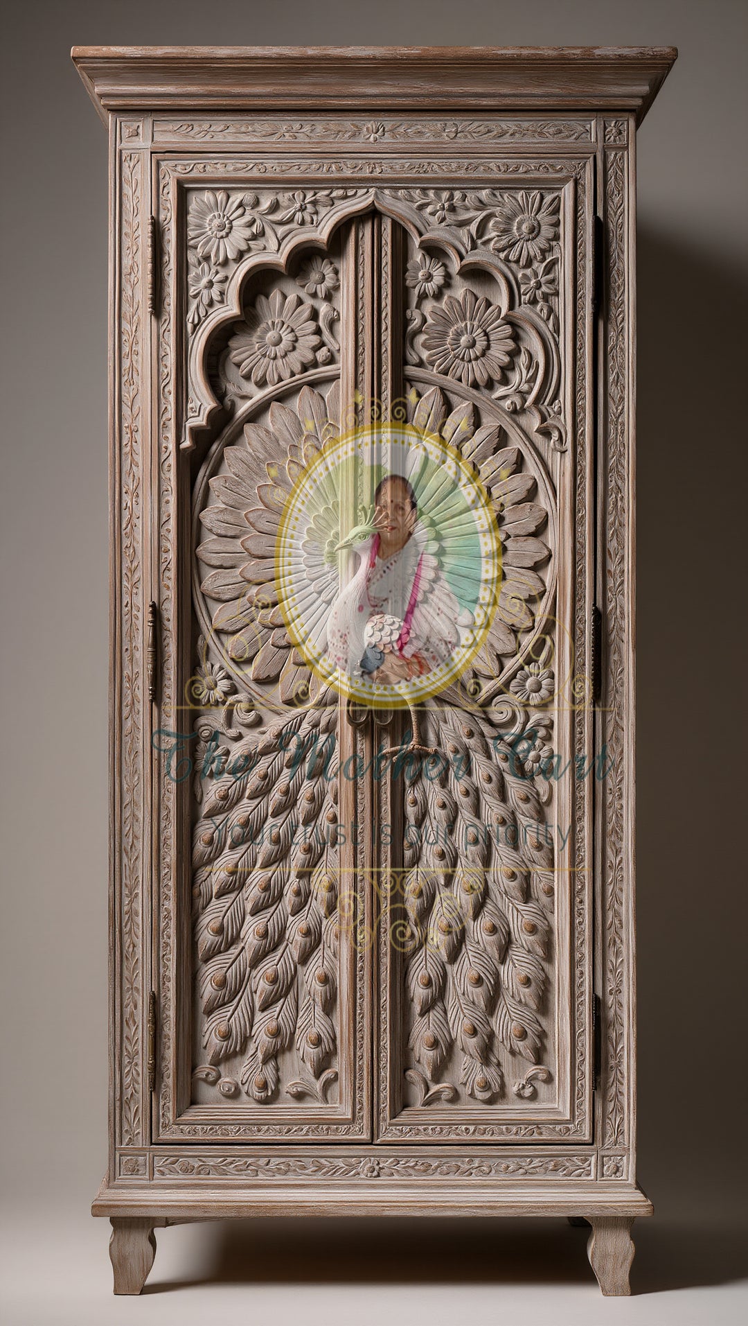 Classic Hand-Carved Solid Wood Wardrobe | Peacock Motif Luxury Storage Cabinet