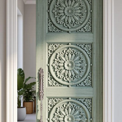 Handcarved Wooden Door | Green Floral Medallion Interior, Single, Pocket, Barn, French, Panel,  Double, Sliding, Pocket & Temple Door Interior & Exterior, Homes, Villas & Office