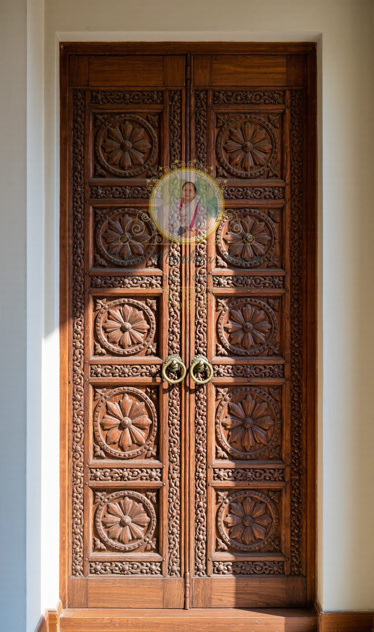 Hand Carved Double Wooden Door | Floral Medallion Panel Design | Traditional Indian Main Entrance Door | Solid Wood | Custom Size &amp; Finish Available
