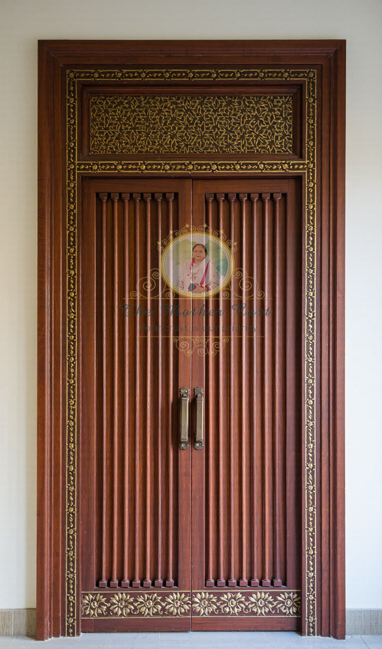 Hand Carved Wooden Double Door | Vertical Fluted Panel Design with Antique Brass Inlay Border | Solid Wood Main Entrance Door | Custom Size &amp; Finish Available