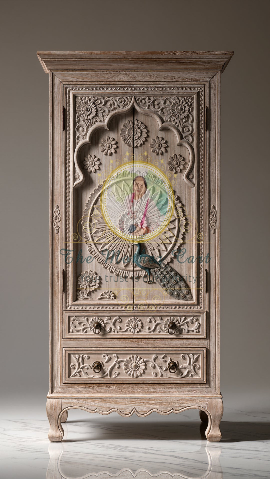 Boho Hand-Carved Solid Wood Wardrobe | Peacock Motif Floral Double Door Cabinet