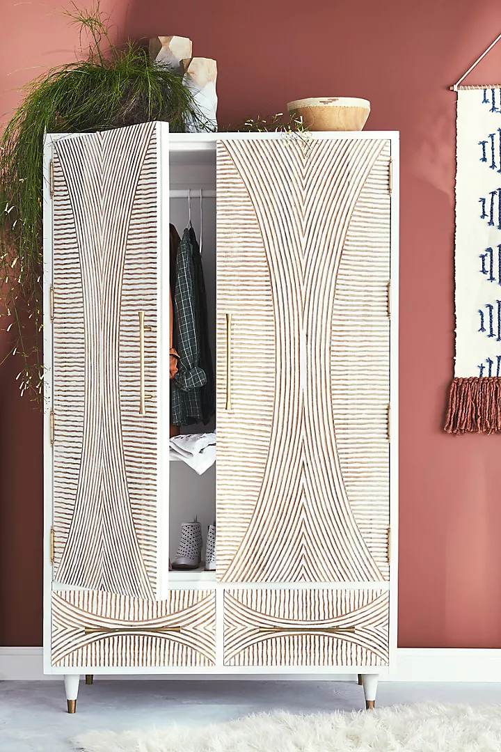 Modern White Carved Wooden Armoire – Brass Handle Wardrobe Cabinet with Drawers