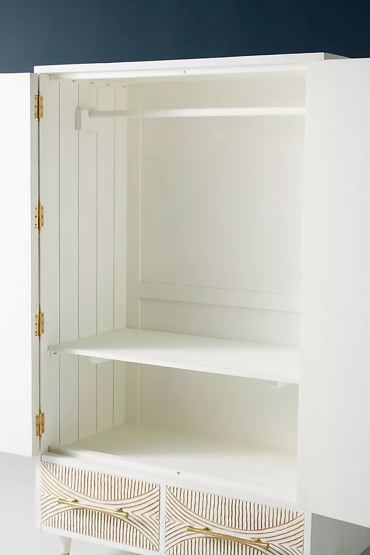 Hand carved Modern White Carved Wooden Armoire – Brass Handle Wardrobe Cabinet with Drawers