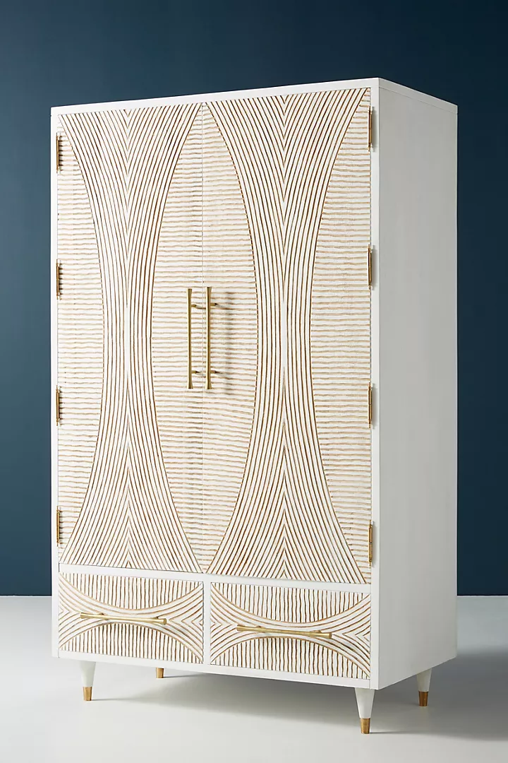 Hand carved Modern White Carved Wooden Armoire – Brass Handle Wardrobe Cabinet with Drawers