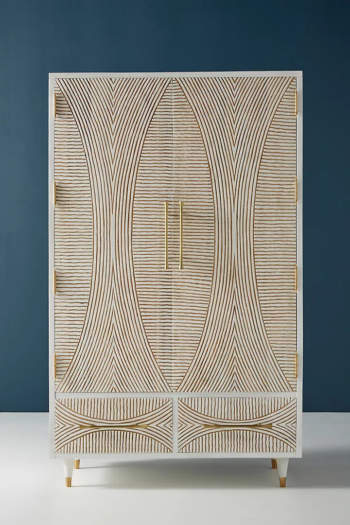 Hand carved Modern White Carved Wooden Armoire – Brass Handle Wardrobe Cabinet with Drawers