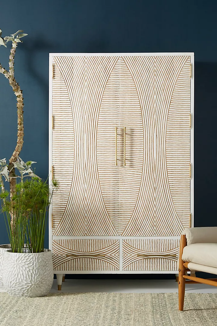 Modern White Carved Wooden Armoire – Brass Handle Wardrobe Cabinet with Drawers