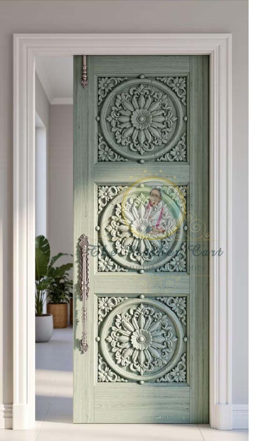 Handcarved Wooden Door | Green Floral Medallion Interior, Single, Pocket, Barn, French, Panel,  Double, Sliding, Pocket & Temple Door Interior & Exterior, Homes, Villas & Office