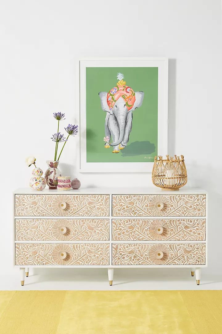 Hand-Carved Wooden Gulliver Dresser – 6-Drawer White Floral Storage Sideboard Beautifully