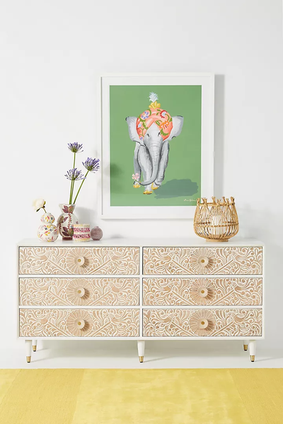 Hand-Carved Wooden Gulliver Dresser – 6-Drawer White Floral Storage Sideboard Beautifully