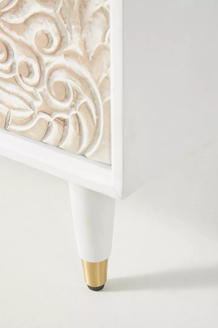Hand-Carved Wooden Gulliver Dresser – 6-Drawer White Floral Storage Sideboard Beautifully