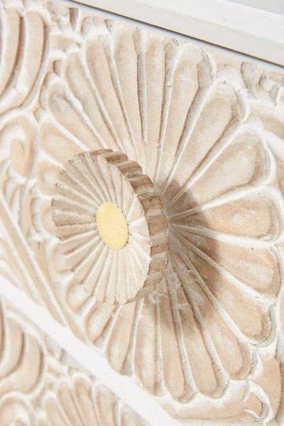 Hand-Carved Wooden Gulliver Dresser – 6-Drawer White Floral Storage Sideboard Beautifully