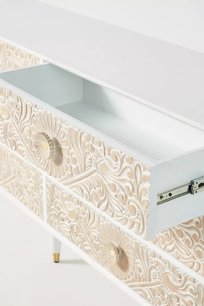 Hand-Carved Wooden Gulliver Dresser – 6-Drawer White Floral Storage Sideboard Beautifully