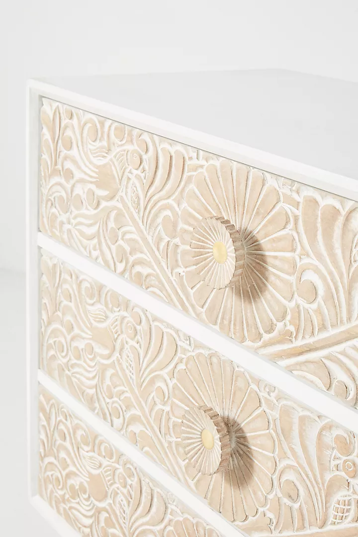 Hand-Carved Wooden Gulliver Dresser – 6-Drawer White Floral Storage Sideboard Beautifully