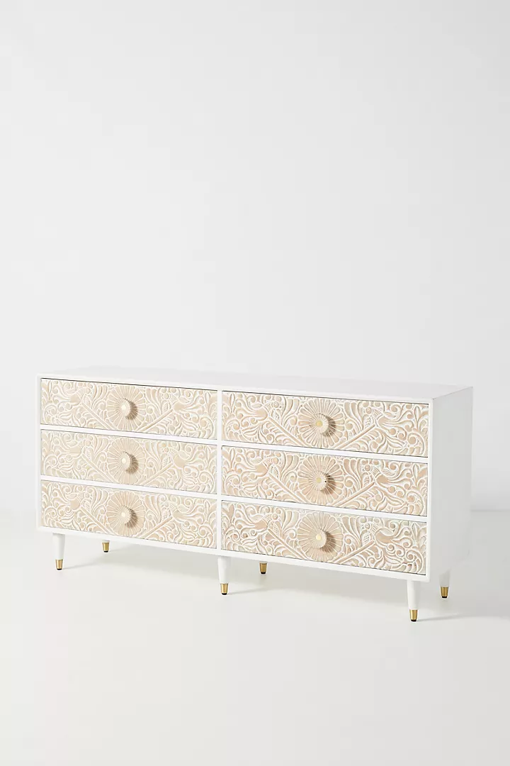 Hand-Carved Wooden Gulliver Dresser – 6-Drawer White Floral Storage Sideboard Beautifully