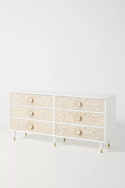 Hand-Carved Wooden Gulliver Dresser – 6-Drawer White Floral Storage Sideboard Beautifully