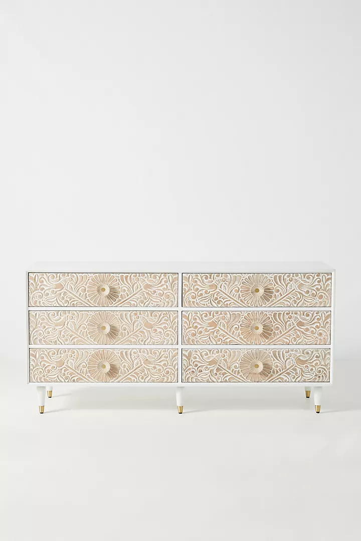 Hand-Carved Wooden Gulliver Dresser – 6-Drawer White Floral Storage Sideboard Beautifully