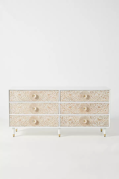Hand-Carved Wooden Gulliver Dresser – 6-Drawer White Floral Storage Sideboard Beautifully
