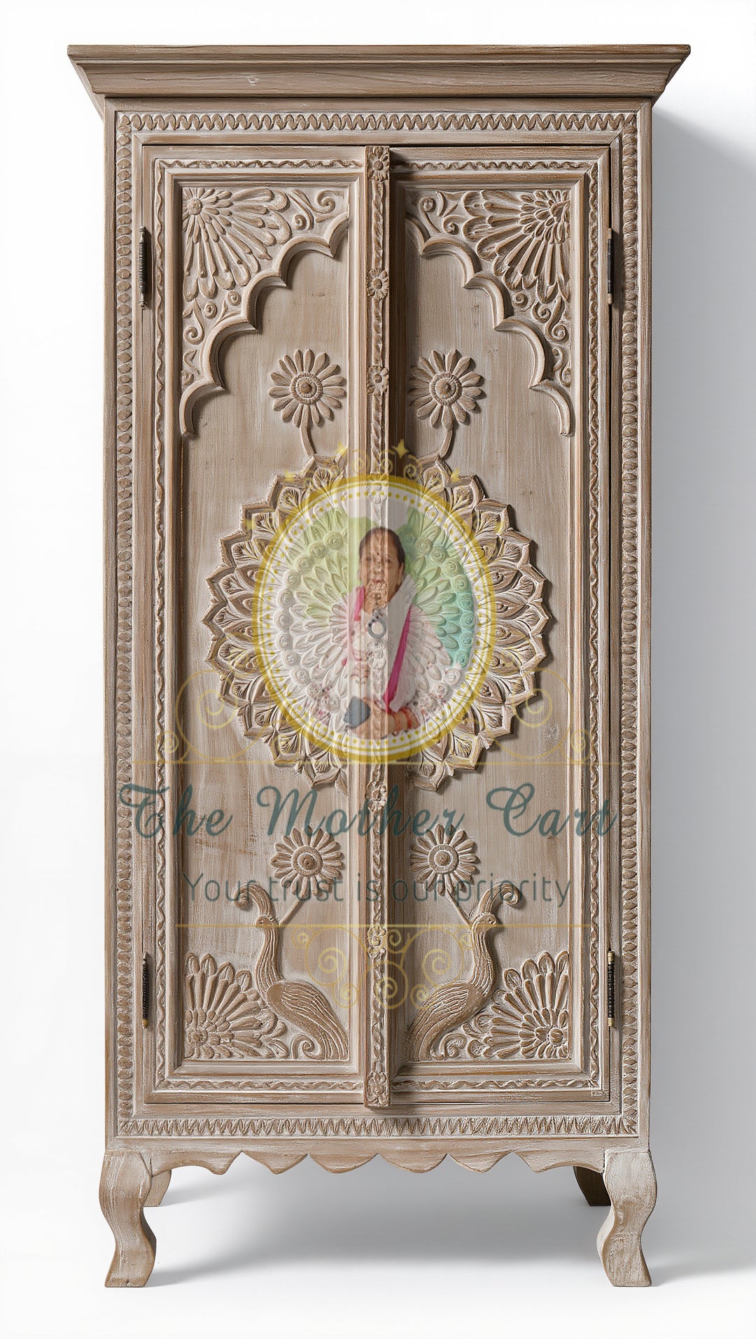 Antique Finish Hand-Carved Wooden Armoire |Peacock Motif Storage Cabinet