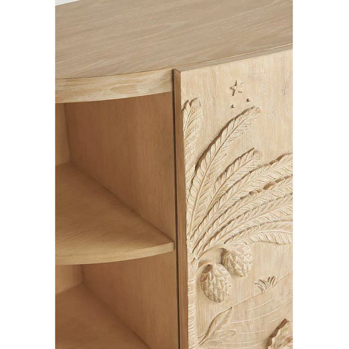 Hand-Carved Curved Wooden Sideboard – Nature Scene Imagined World Buffet Carving Cabinet Indoor Furniture with Forest &amp; Animal Motifs