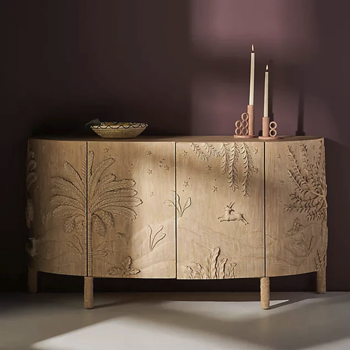Hand-Carved Curved Wooden Sideboard – Nature Scene Imagined World Buffet Carving Cabinet Indoor Furniture with Forest &amp; Animal Motifs