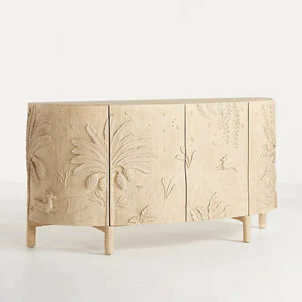 Hand-Carved Curved Wooden Sideboard – Nature Scene Imagined World Buffet Carving Cabinet Indoor Furniture with Forest &amp; Animal Motifs