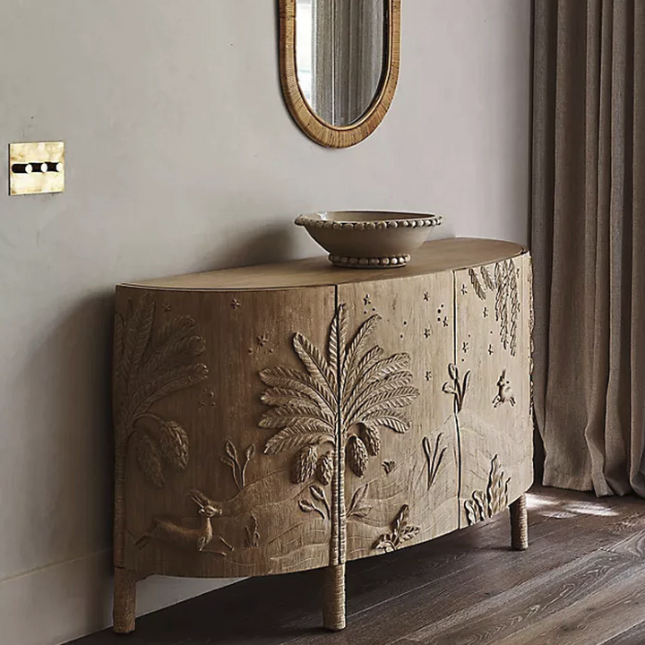 Hand-Carved Wooden Sideboard – Nature Scene Imagined World Buffet Carving Cabinet Indoor Furniture with Forest &amp; Animal Motifs