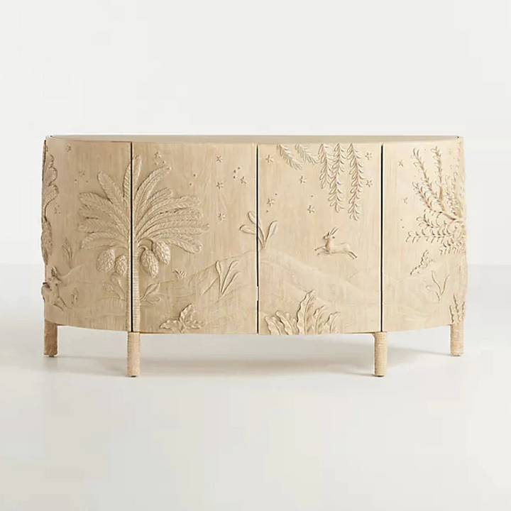 Hand-Carved Curved Wooden Sideboard – Nature Scene Imagined World Buffet Carving Cabinet Indoor Furniture with Forest &amp; Animal Motifs
