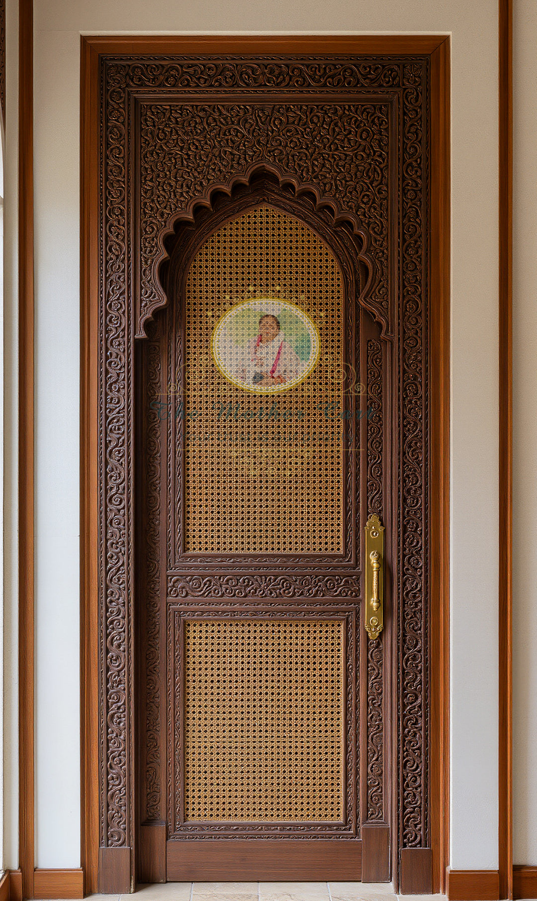 Hand Carved Wooden Door with Cane Jali Panel | Floral Medallion Carving Bottom | Solid Wood Single Door | Custom Handmade Interior Entry Door