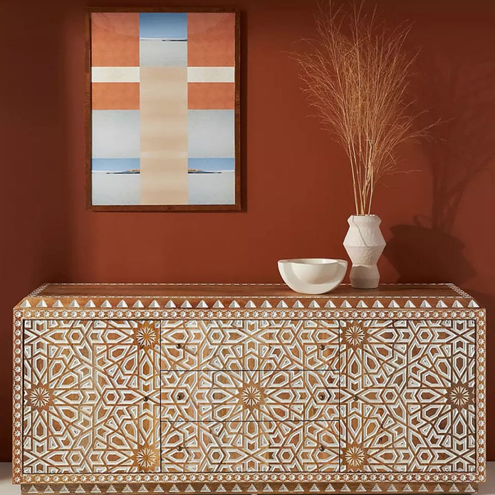 Hand craved Wooden Sideboard –  Three Drawer Geometric Buffet Carving Pattern Storage Cabinet