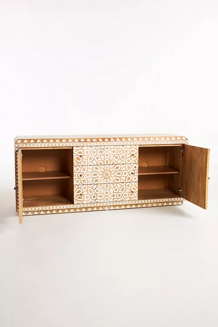 Hand craved Wooden Sideboard –  Three Drawer Geometric Buffet Carving Pattern Storage Cabinet