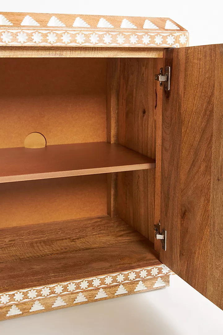 Hand craved Wooden Sideboard –  Three Drawer Geometric Buffet Carving Pattern Storage Cabinet