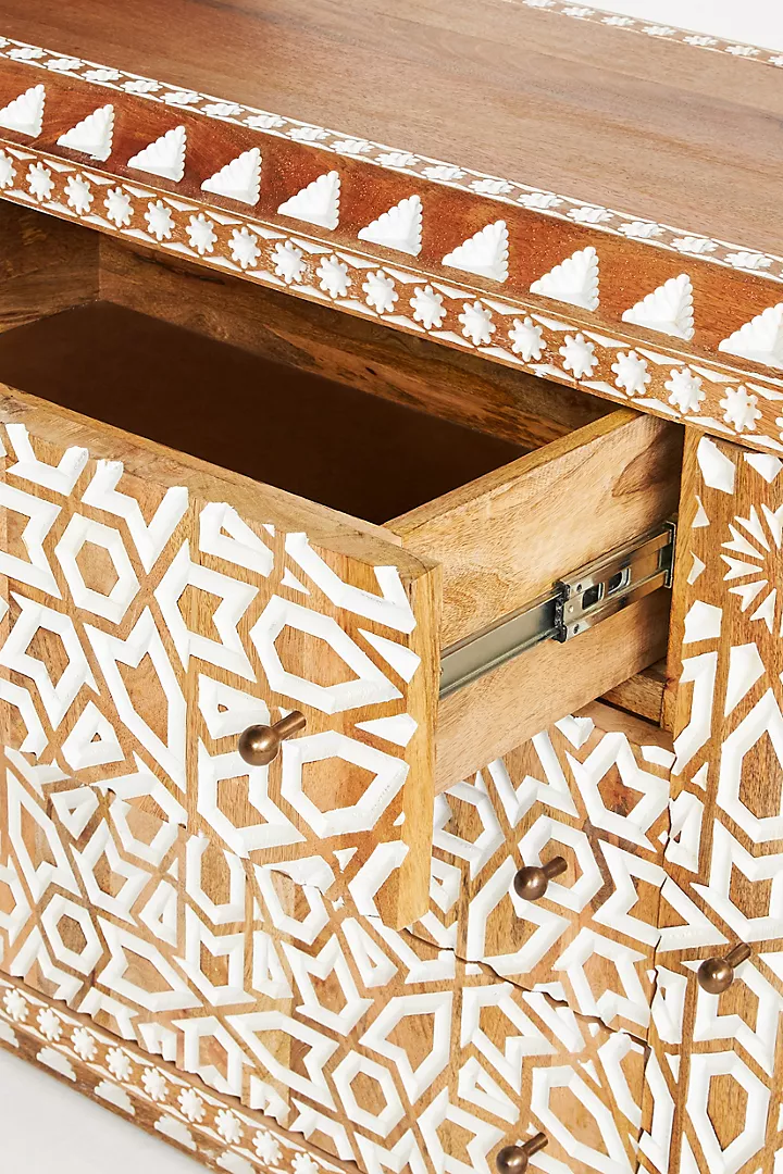 Hand craved Wooden Sideboard –  Three Drawer Geometric Buffet Carving Pattern Storage Cabinet