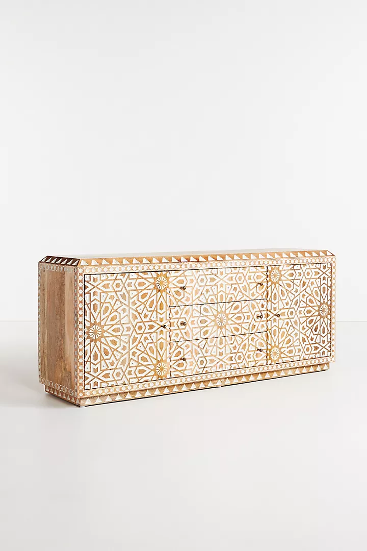 Hand craved Wooden Sideboard –  Three Drawer Geometric Buffet Carving Pattern Storage Cabinet