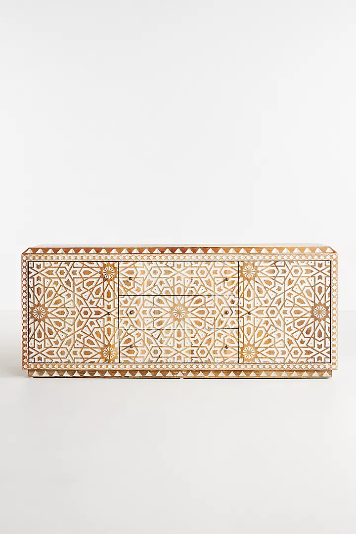 Hand craved Wooden Sideboard –  Three Drawer Geometric Buffet Carving Pattern Storage Cabinet