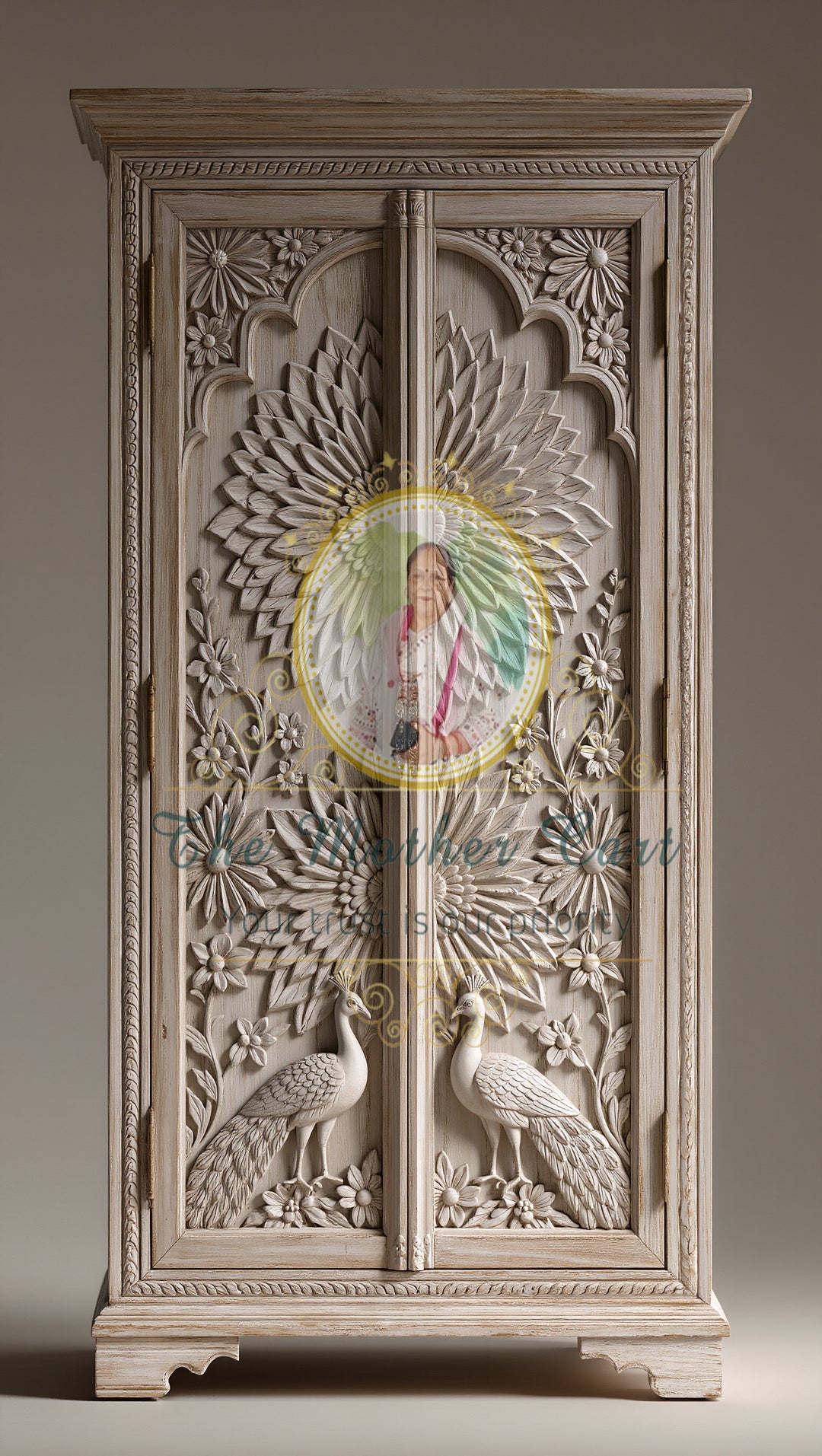Exclusive Hand-Carved Solid Wood Cabinet with Peacock Motif &amp; Floral Detailing