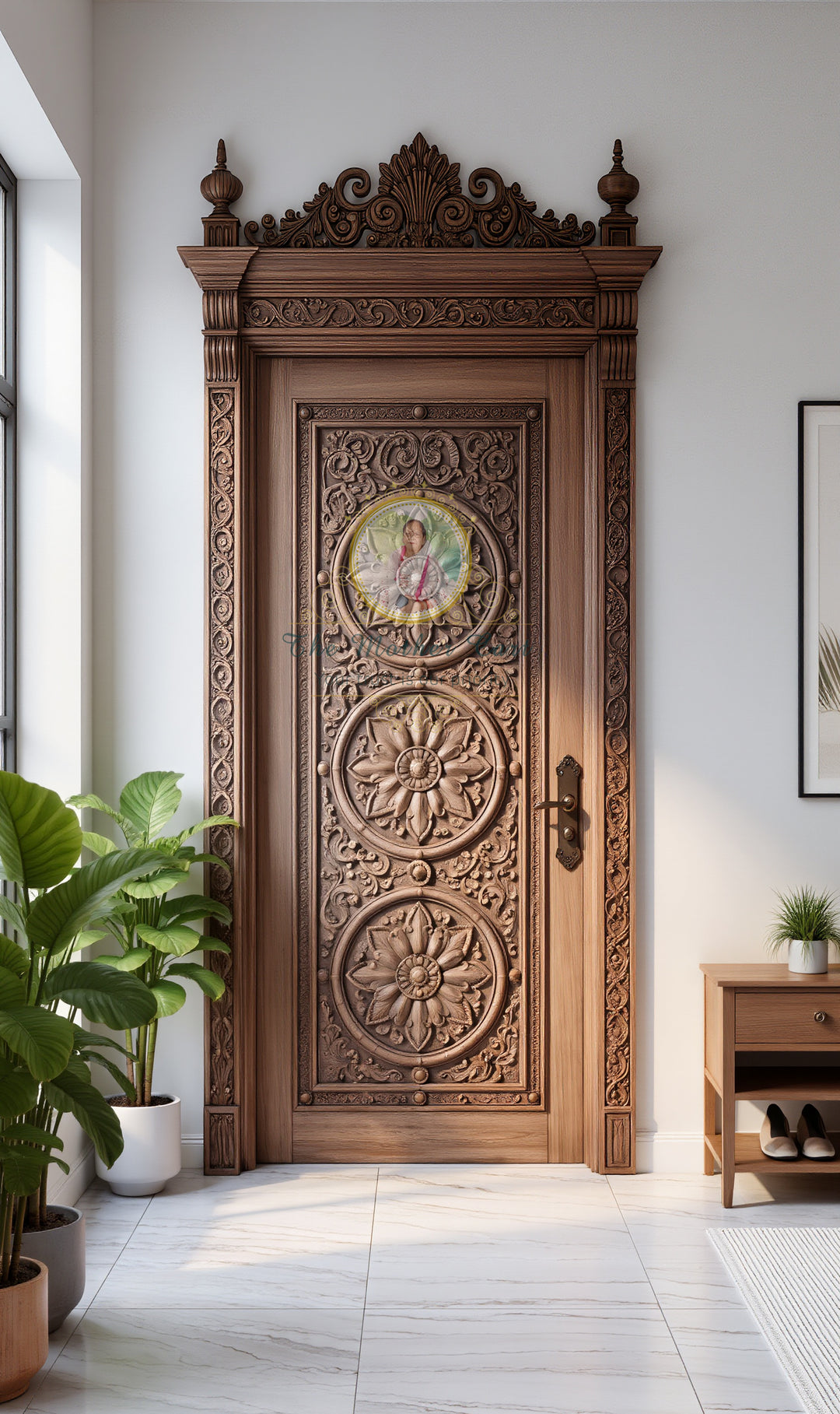 Royal Hand Carved Wooden Door with Crown Frame | Floral Medallion Design | Solid Wood Main Entrance Door | Custom Size