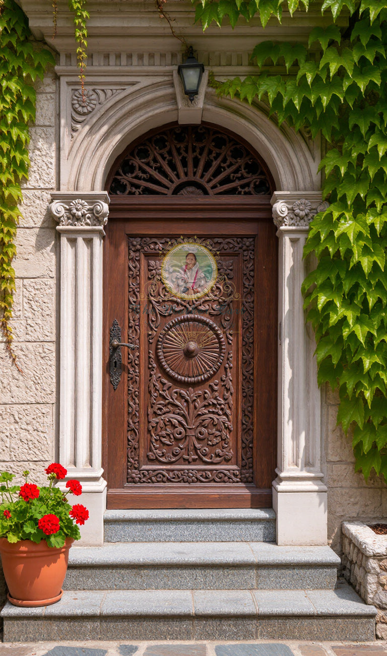 Royal Hand Carved Wooden Single Door with Arch Frame | Solid Wood Main Entrance Door | Floral Antique Carving | Custom Size
