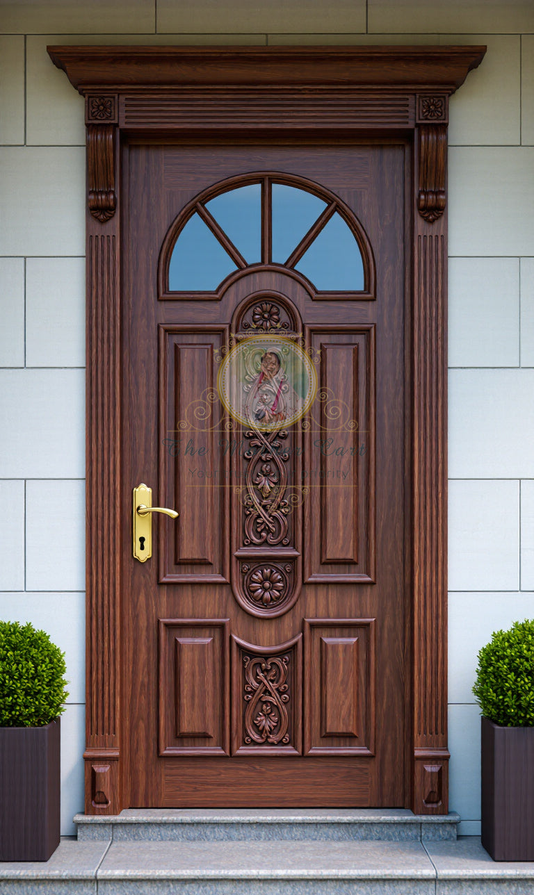 Hand Carved Solid Wood Main Door with Arch Glass Panel | Traditional Wooden Front Entrance Door | Custom Size