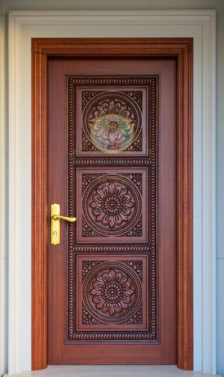 Hand Carved Solid Wood Main Door with Floral Medallion Panels | Luxury Wooden Entrance Door | Custom Size