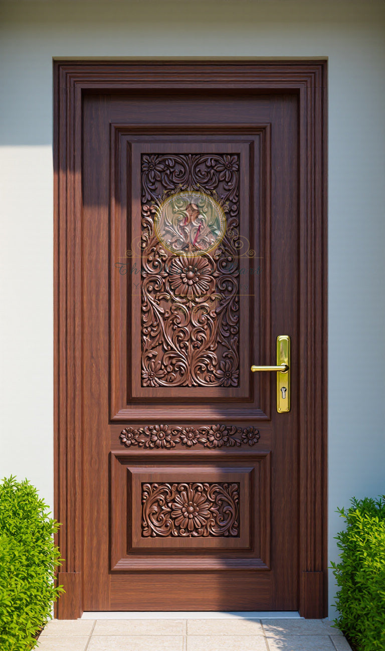 Hand Carved Solid Wood Main Door with Floral Vine Design | Luxury Wooden Entrance Door | Custom Size